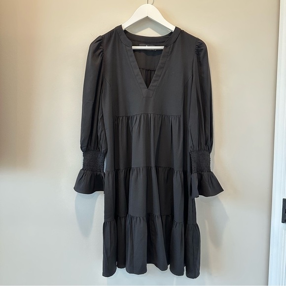 Pomander Place Tuckernuck Crepe Kenzo Mini Dress Tiered Long Sleeve Black Small - Picture 2 of 15
